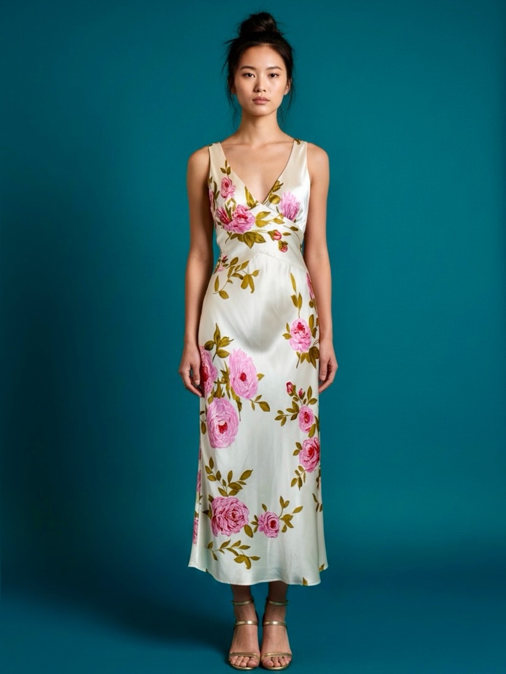 Y2K Ivory & Pink Rose Satin Bias Cut Slip Dress | designer Tara Jarmon | S M